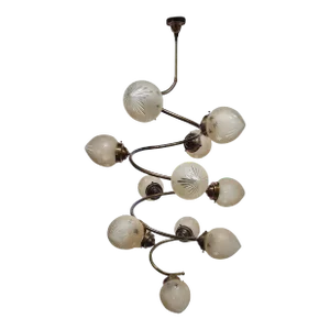 Vintage 1940s Art Deco Brass Hanging Chandelier 12 Light Frosted Star Glass Shade Lamp