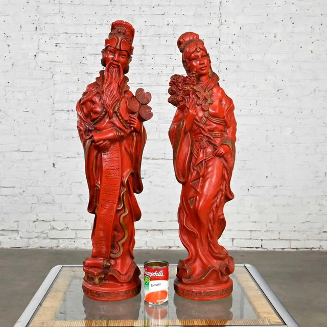 Vintage Asian Style Chinoiserie Faux Cinnabar Large Red Decorative Statues Male & Female For Sale - Image 11 of 13