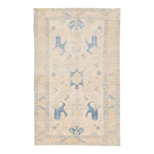 Antique Persian Heriz Handmade Beige & Blue Wool Rug With Geometric Design