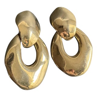 Vintage Chunky Gold Tone Door Knocker Earrings Polished Statement 80s 90s For Sale