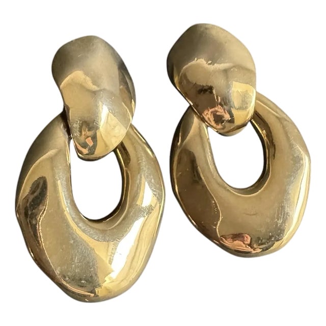 Vintage Chunky Gold Tone Door Knocker Earrings Polished Statement 80s 90s For Sale