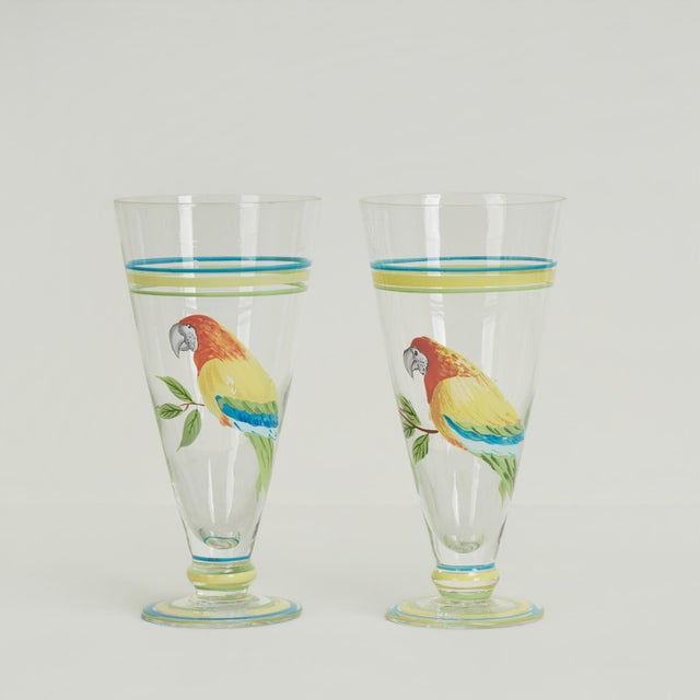 Mid-Century Modern Vintage Set of Eight Footed Drinking Glasses With Painted Parrots For Sale - Image 3 of 11