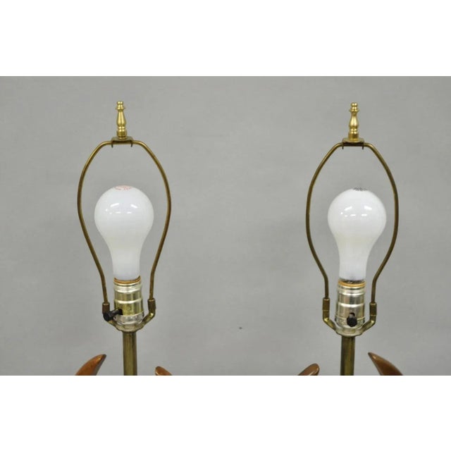 Vintage Mid Century Modern Sculptural Walnut Wood & Brass Table Lamps - A Pair For Sale In Philadelphia - Image 6 of 10