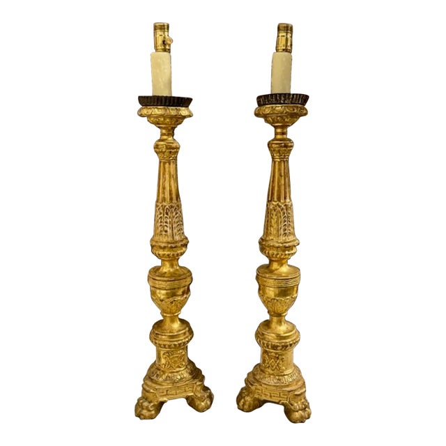 Pair of 19th Century Carved Altar Sticks Mounted as Lamps For Sale