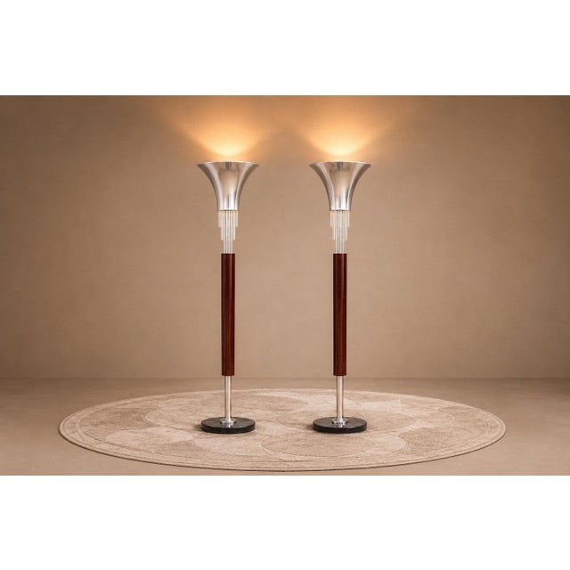 Pair of “Torchierre” Floor Lamps in Rosewood, Crystal & Metal, Unknown, 1950s For Sale - Image 9 of 12