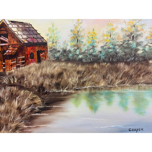 Signed Cooper Rustic Barn Landscape Oil Painting in Wood Frame For Sale - Image 4 of 12