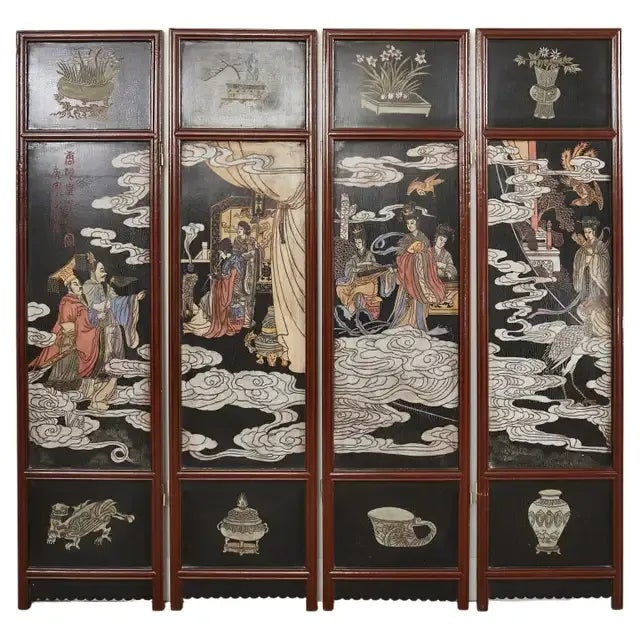 Chinese Export Four Panel Lacquered Coromandel Screen For Sale - Image 13 of 13