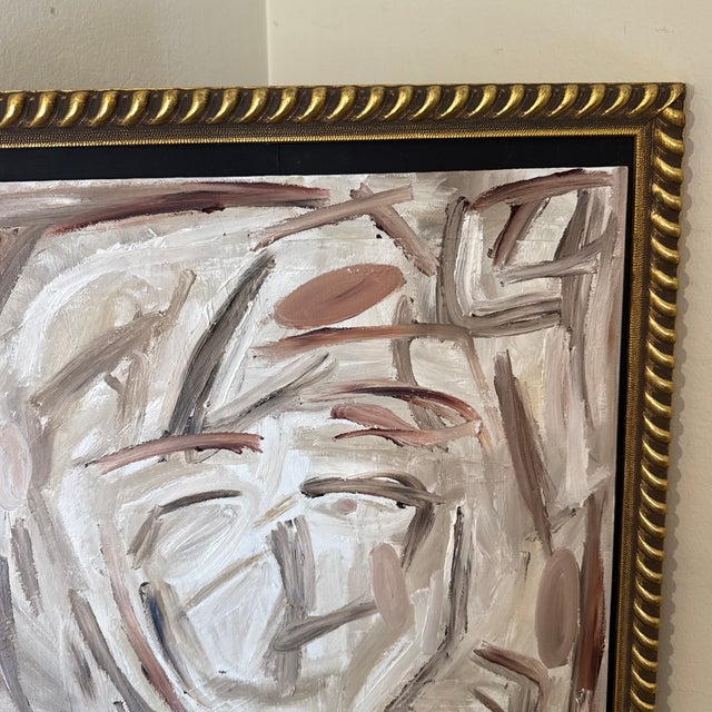 Mid-Century Modern Vintage Abstract Neutral Portrait Painting Signed L. Acheson ~ Framed For Sale - Image 3 of 8