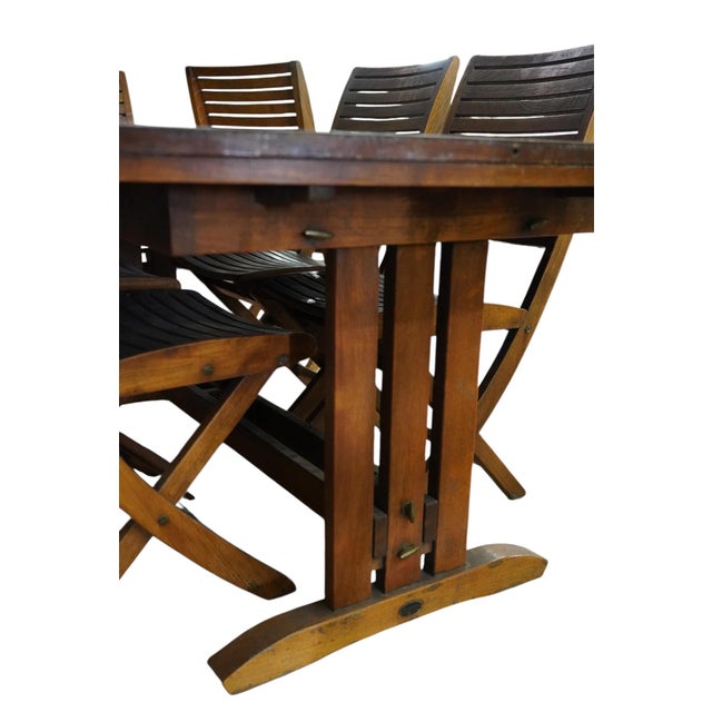 Brown Les Jardins Teak Wood Patio Table and Eight Chairs Set Signed Outdoor Dining For Sale - Image 8 of 15