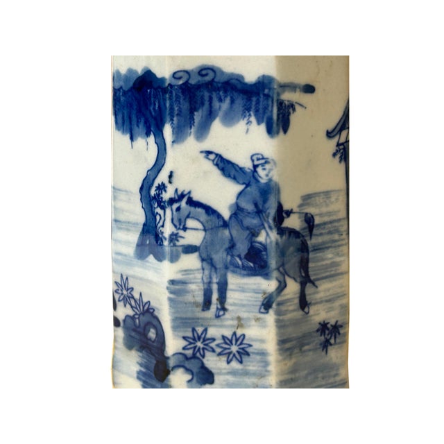 4" Small Octagonal Blue White Scenery Graphic Porcelain Art Vase For Sale - Image 11 of 16