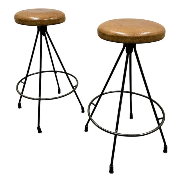 Vintage French Industrial Metal Frame Bar Stools, 1970s, Set of 2 For Sale