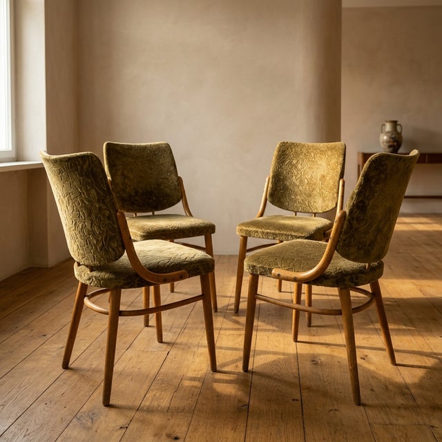 Bentwood Dining Chairs in Beechwood & Olive Velour from TON, Czechoslovakia, 1970s, Set of 4 For Sale - Image 9 of 9