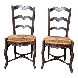 19th Century Pair of Antique French Provincial Style Oak Rush Seat Side Chairs