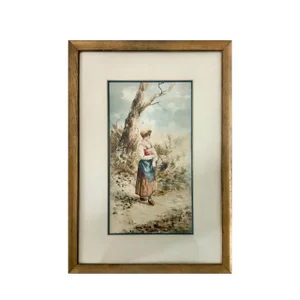 19th Century Antique Watercolor Landscape With Figure Painting