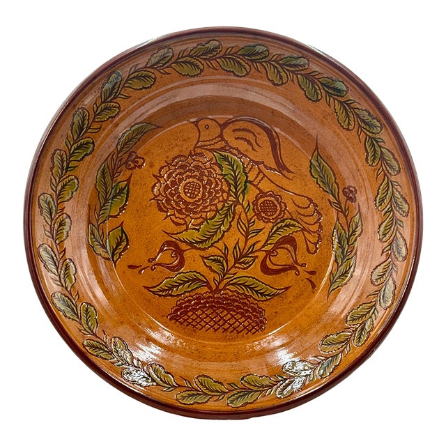 Ned Foltz 2002 Signed Redware Hand Turned and Sgraffito Decorated Large Serving Deep Rimmed Platter For Sale