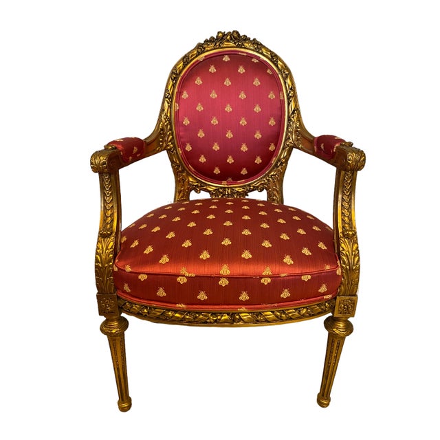 French Late 20th Century Pair of French Gilt Louis the XVI Bee Chairs For Sale - Image 3 of 12