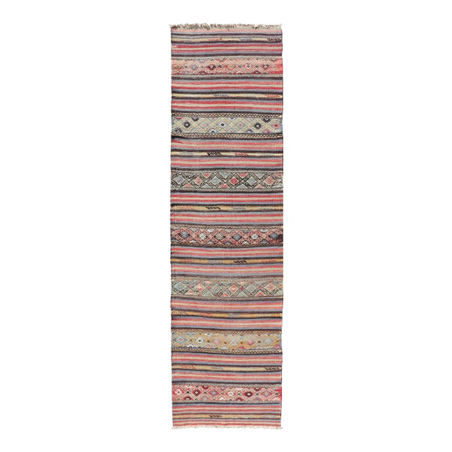 Mid 20th Century Vintage Turkish Kilim With Horizontal Stripes and Tribal Motifs in Bright Tones For Sale