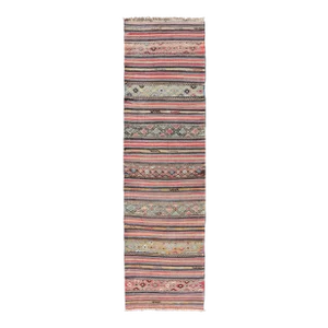 Mid 20th Century Vintage Turkish Kilim With Horizontal Stripes and Tribal Motifs in Bright Tones
