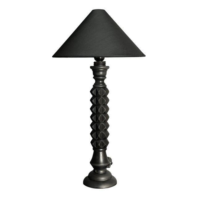 Mid-Century Modern Brutalist Wood Turned and Ebonized Table Lamp by Charles Dudouyt, 1950s For Sale