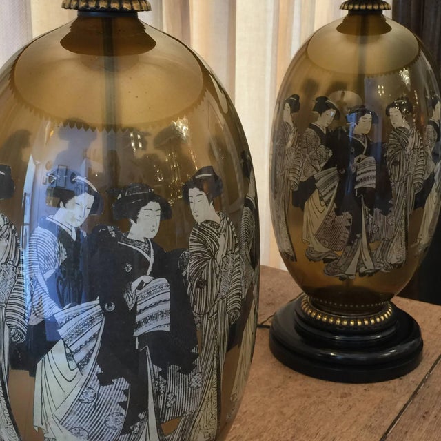 1960s Large Glass Decoupage Lamps with Geisha Motfi - A Pair For Sale - Image 5 of 7