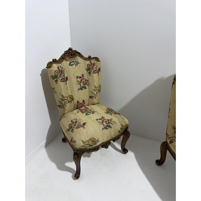 1940s Small Louis XV Style Armchairs in Curved Carved Wood with Floral Fabric, 1940s, Set of 2 For Sale - Image 5 of 10