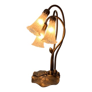Vintage 3-Light Lotus Flower Meyda Tiffany-Style Table Lamp, Sculptural Bronze-Tone Base, Botanical Glass Shades, Elegant Accent Lighting For Sale