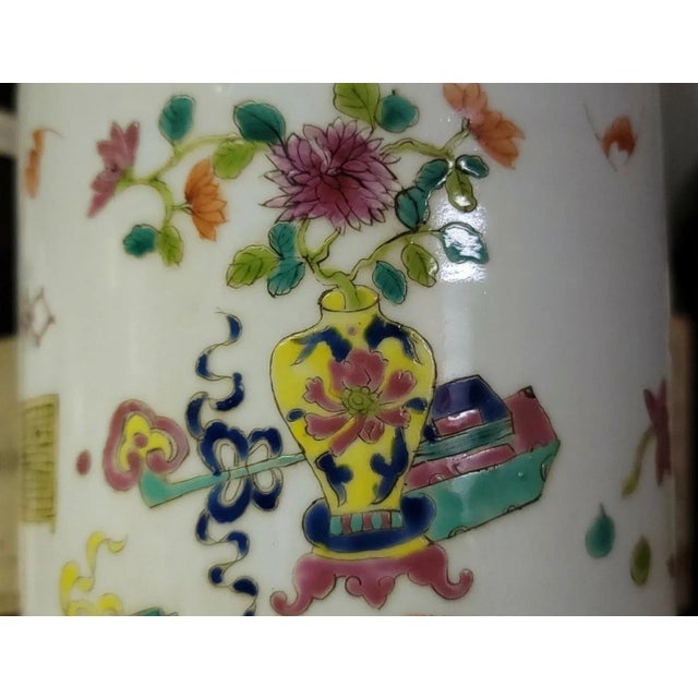19th Century Antique 19th Century Chinese Famille Rose Porcelain Brush Pot Decorated With Flowers and Altar Fruit For Sale - Image 5 of 13