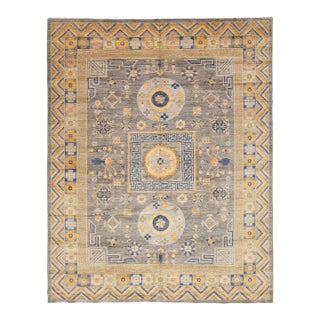 Modern Khotan Style Handmade Wool Rug - Slate Grey & Ochre Geometric Design For Sale