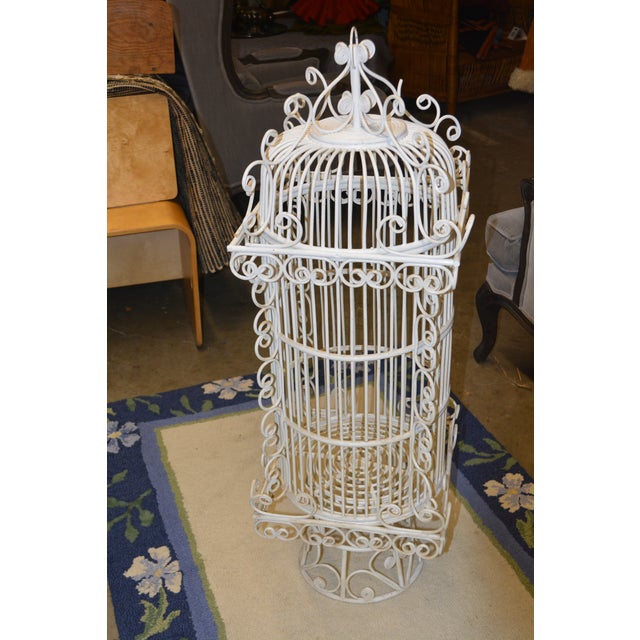 Vintage Tall White Fern Head Round Wicker Hanging Bird Cage W/ Single Door For Sale - Image 4 of 17