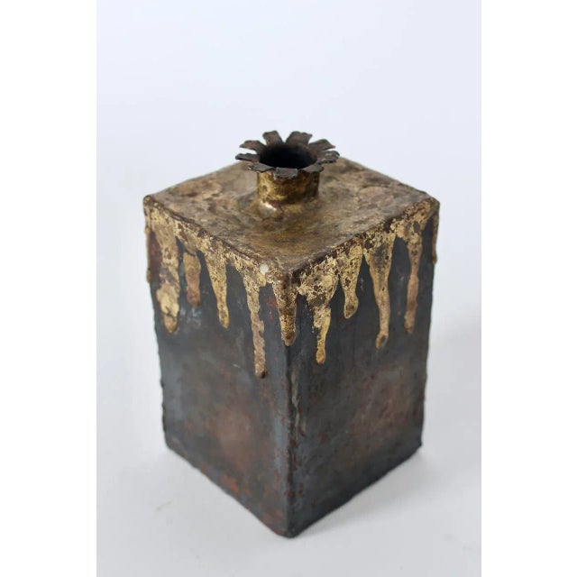 Metal Paul Evans Style Brutalist Iron & Brazed Brass Drip Square Vase, 1970 For Sale - Image 7 of 12