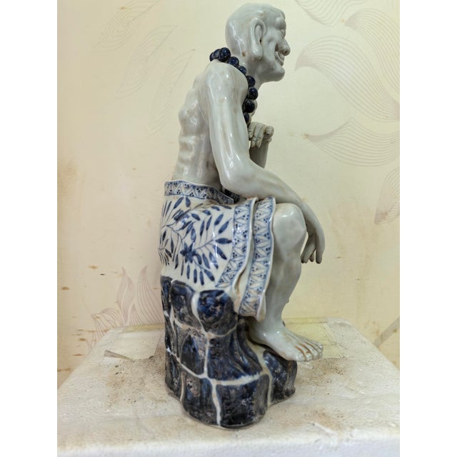 Chinese Vintage Ceramic Buddhist Sculpture,Hand Carved Blue and White Porcelain the Eighteen Arhats Statue For Sale - Image 4 of 9