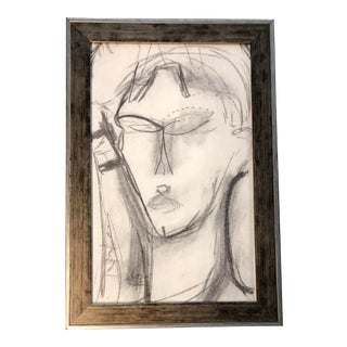 Original Mid Century Abstract Charcoal Female Portrait Drawing For Sale