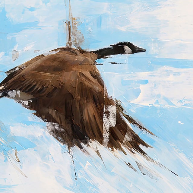 Contemporary Migration by Morgan Cameron | Oil on panel Painting of flying geese against a blue sky For Sale - Image 3 of 5
