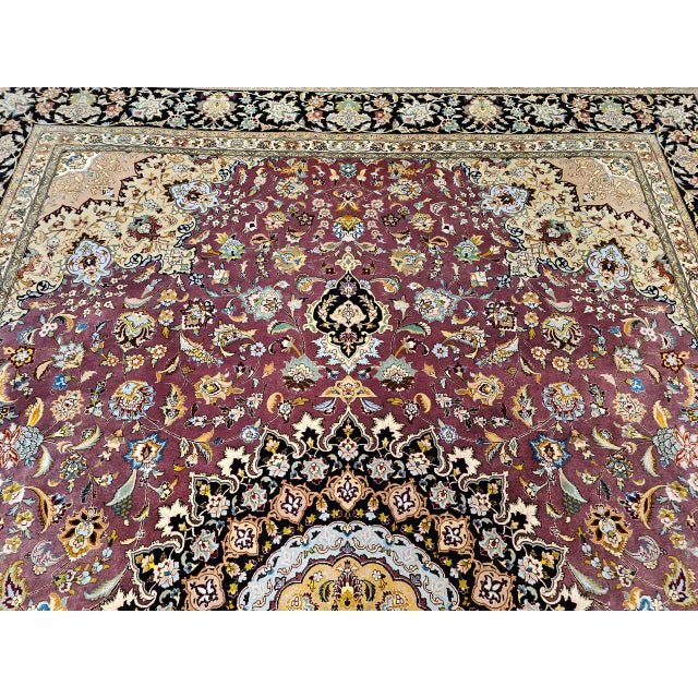 Persian Vintage Persian Tabriz Rug, Hand-Knotted Wool & Silk, Fine Floral Pattern, Burgundy & Navy, 10x13 For Sale - Image 3 of 18