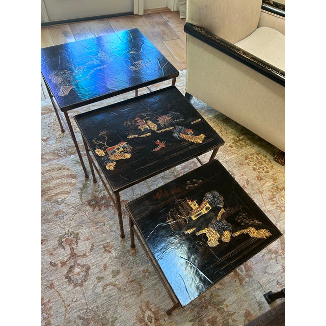 Set of 3 nesting tables, Raised chinoiserie top, brass bottom, early 20th century, Asian Chinese details, perfect...