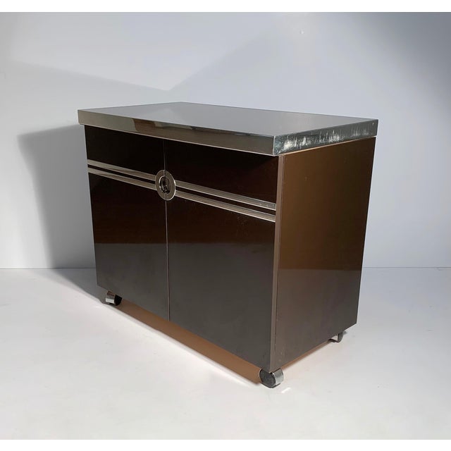 Mid-Century Modern Pierre Cardin / Willy Rizzo / Milo Baughman Bar Cabinet on Castors For Sale - Image 3 of 14