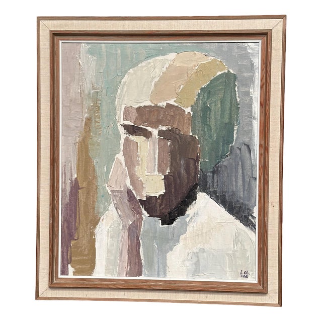 Liisa Chaudhuri, Cubist Portrait, 1960s, Oil Painting on Canvas, Framed For Sale