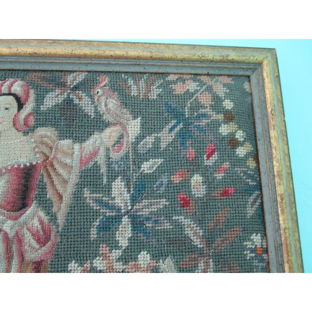 1930s Medieval Lady Falconer Needlepoint Art in Antique Gold Frame Guc For Sale - Image 5 of 18