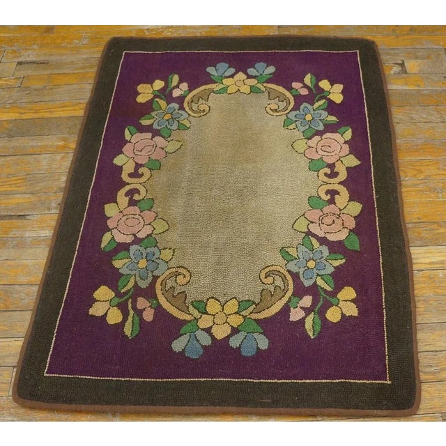 American 1890s Purple Medallion Floral Handmade Folk Art Antique American Hooked Rug For Sale - Image 3 of 10