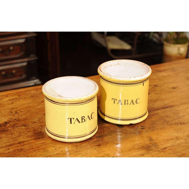 Victorian Yellow Glazed Ceramic "Tabac" Jars - a Pair For Sale - Image 3 of 5