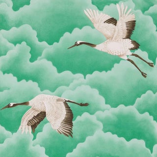Harlequin Cranes in Flight Wallpaper in Emerald For Sale