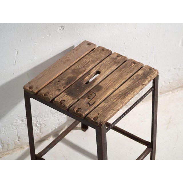 Antique Industrial Stool in Pine Wood and Iron, Central Europe, 1950 For Sale - Image 4 of 8
