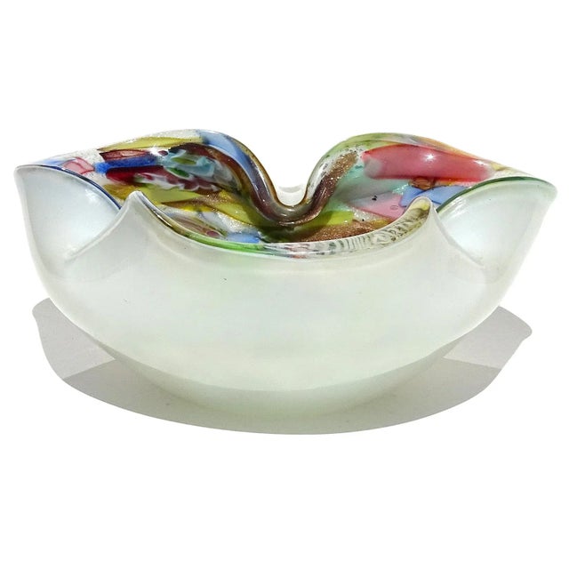 Murano AVeM White Millefiori Flower Silver Flecks Twisting Ribbons Vintage Italian Art Glass Bowl For Sale In Orlando - Image 6 of 7