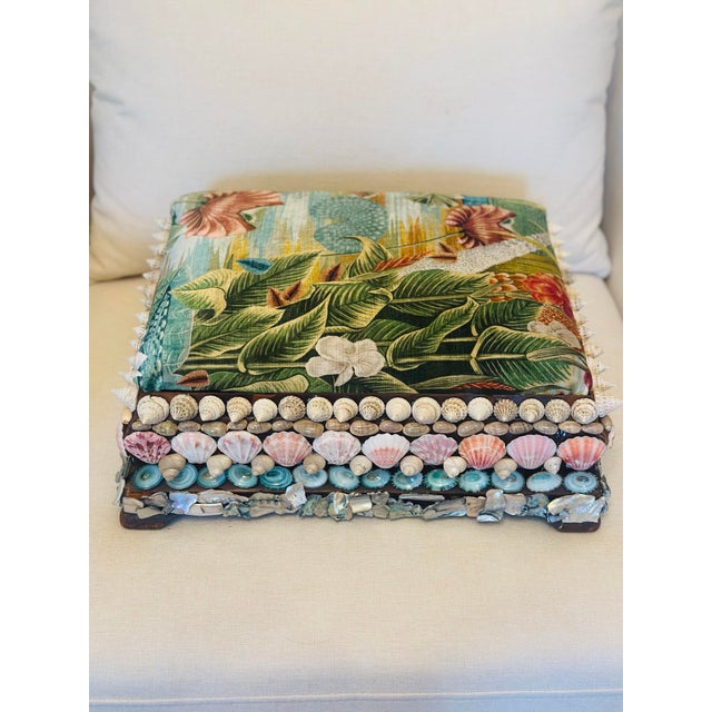 Persimmon Antique Footstool Covered in Shells, Reupholstered in Designer Velvet For Sale - Image 8 of 11