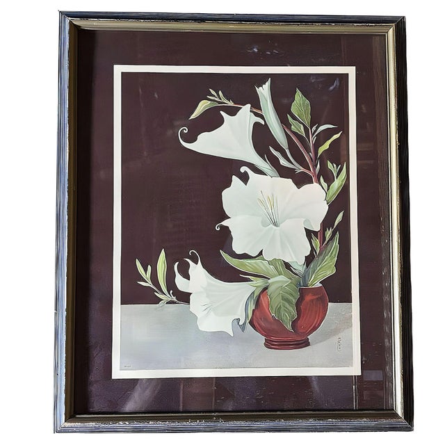 1950s Ikebana Arranged White Petunia Foral Scenic Lithograph by Lithoin, Framed For Sale - Image 11 of 11