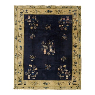 Exceptional Navy Blue Background and Light-Yellow Border With Floral Design Antique Chinese Rug For Sale