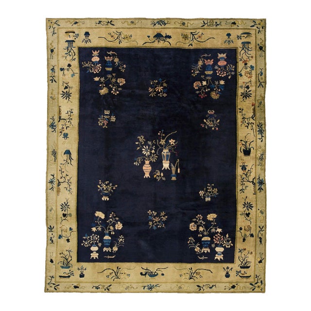 Exceptional Navy Blue Background and Light-Yellow Border With Floral Design Antique Chinese Rug For Sale