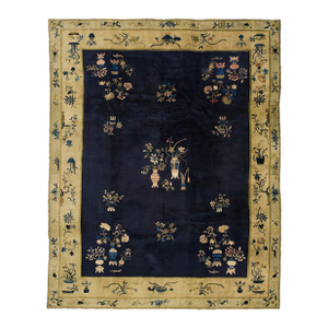 Exceptional Navy Blue Background and Light-Yellow Border With Floral Design Antique Chinese Rug