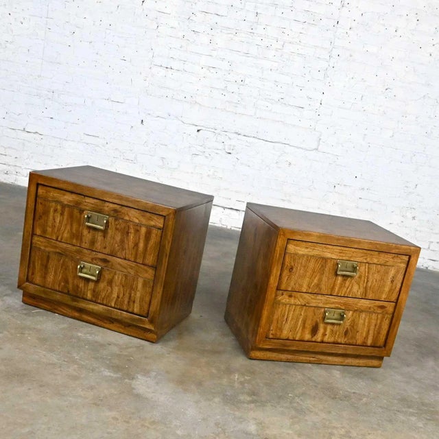 Fabulous vintage Drexel Weatherwood Collection Campaign cabinet style nightstands or end or side tables with brass plated...
