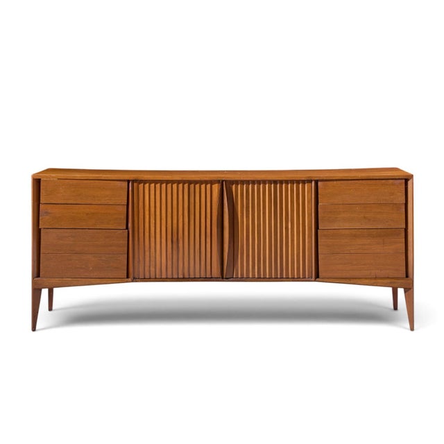 Unagusta Mid Century Walnut Curved Lowboy Dresser This lowboy measures: 77 wide x 21 deep x 31.75 inches high Fair Vintage...